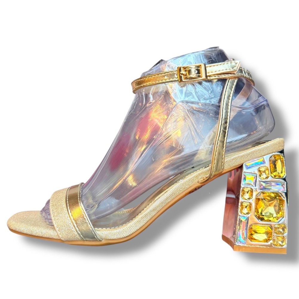 Belovey Sz 6.5 Women Gold Crystal Embellished Block Heel Ankle Strap Sandals - Picture 11 of 15